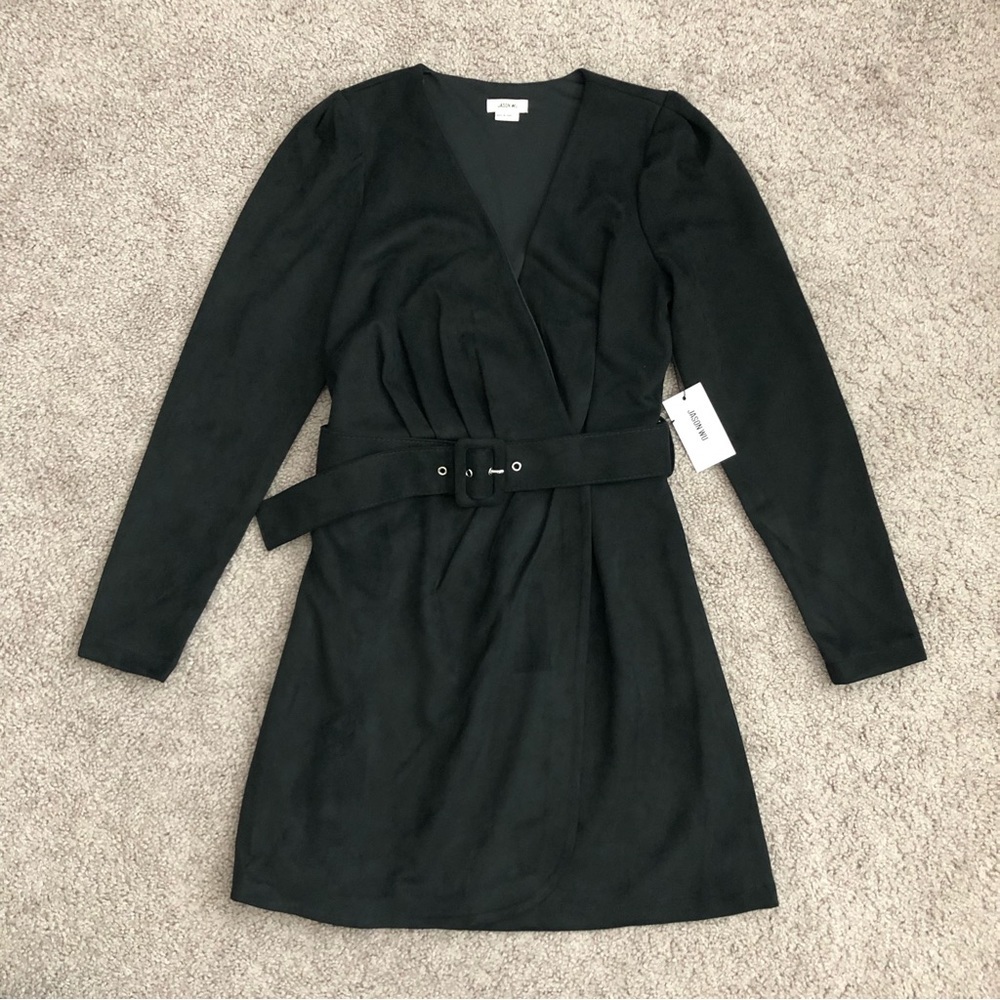 Jason Wu Black Suede Belted Wrap Long Sleeve Dress